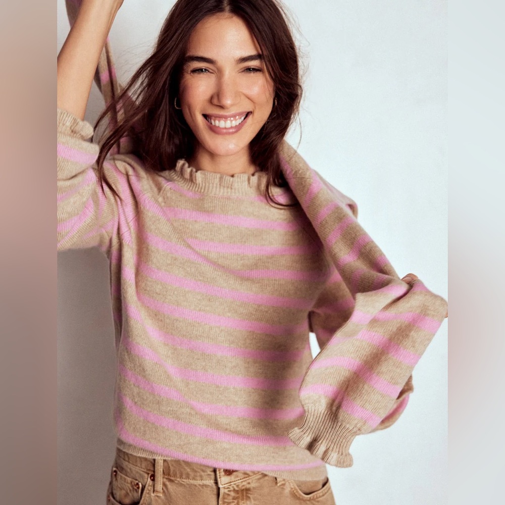 Boden Fae Fair Isle Frilled Sweater in Camel Pink Stripe
